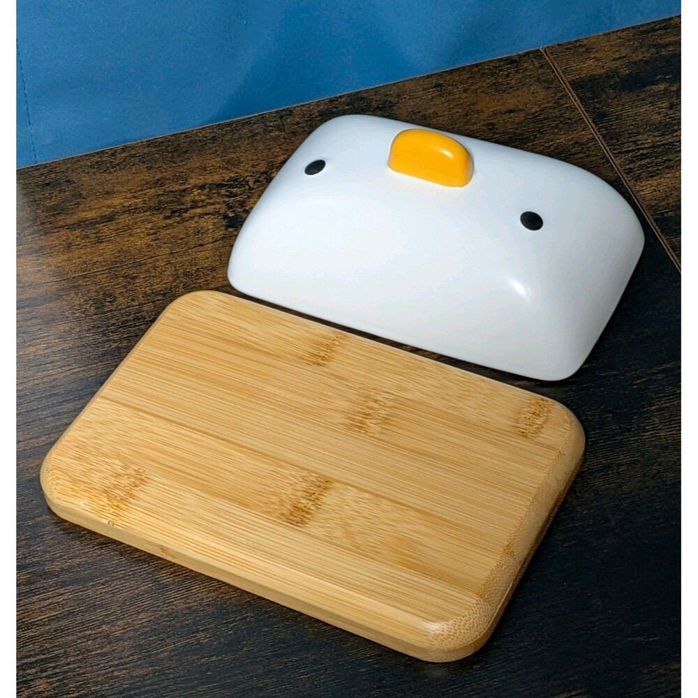 PURROOM Duck Butter Dish Countertop Bamboo Porcelain Lid Wooden Tray Storage - Picture 3 of 5